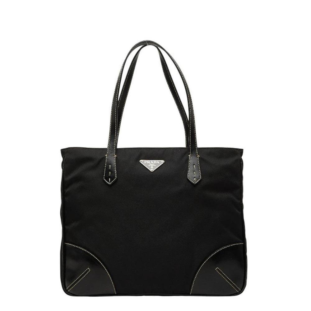 Prada Triangle Plate Tote Bag Black Leather